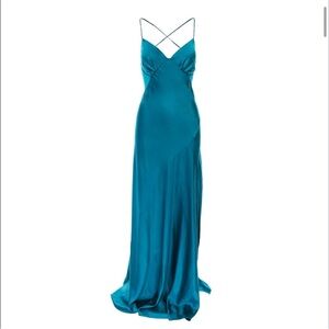 Wolf & Badger Roserry Seville satin turquoise maxi dress